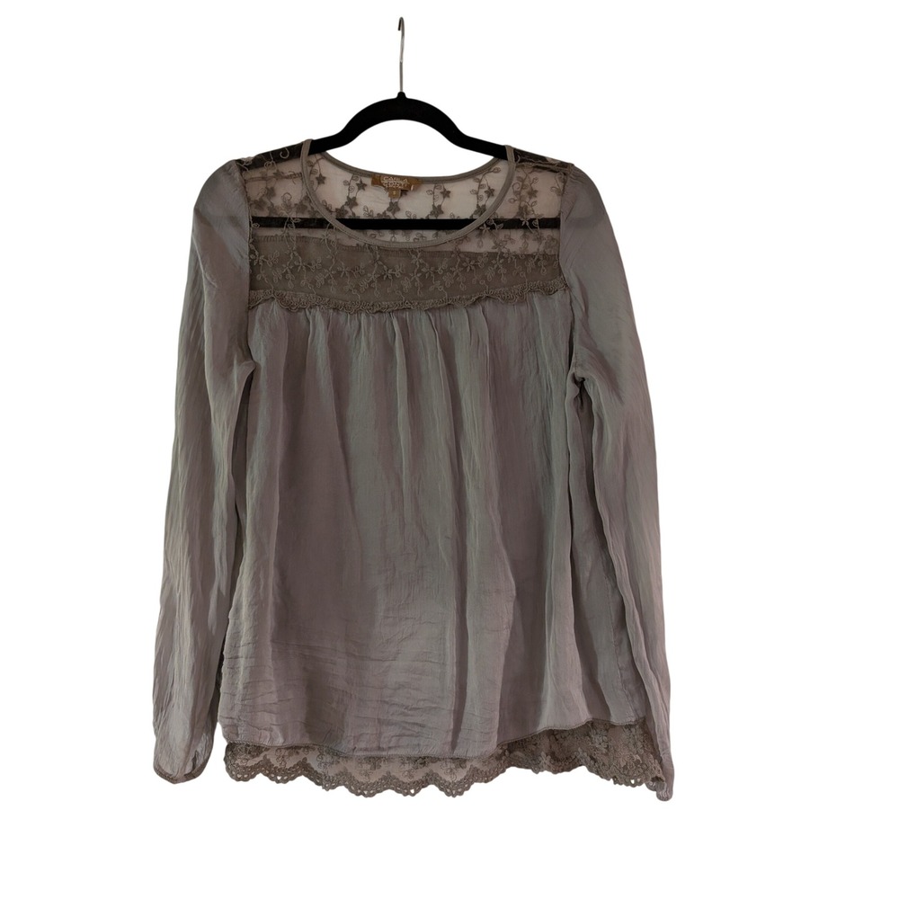 Carla Conti Silk Blouse Womens Small Gray Lace Trim Sheer Yoke‎ Made in Italy